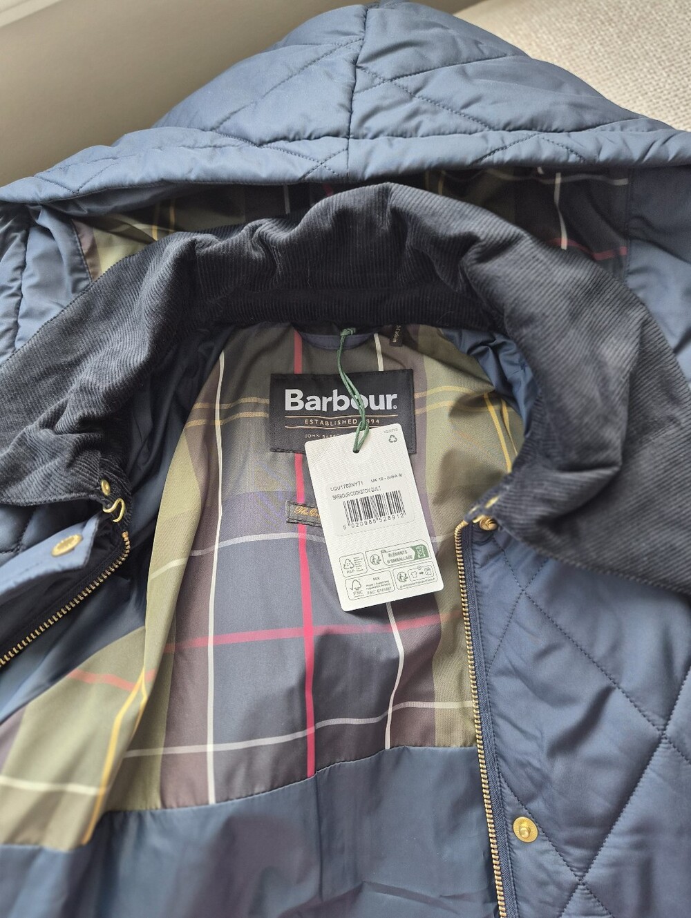 Barbour Cookston Quilted Long Coat Navy Classic Hooded Jacket Size 6 - Picture 3 of 4
